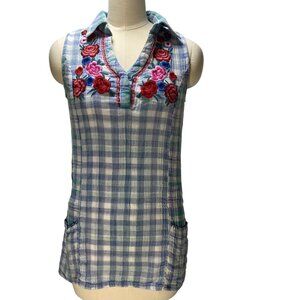 Embroidered Floral Plaid Sleeveless Tunic Top With Pockets Mature Woman